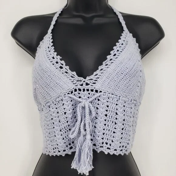 3/$25 Kendall & Kylie Crochet Knit Cropped Halter Top L Boho Backless Ties Blue - Picture 3 of 7